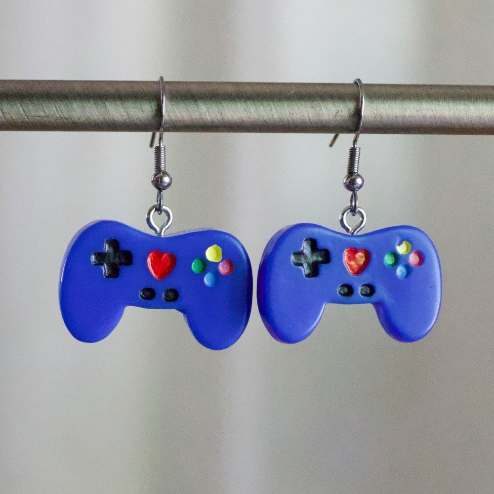 Handmade Blue Video Game Controller Dangle Earrings Gamer Heart Geeky Jewelry